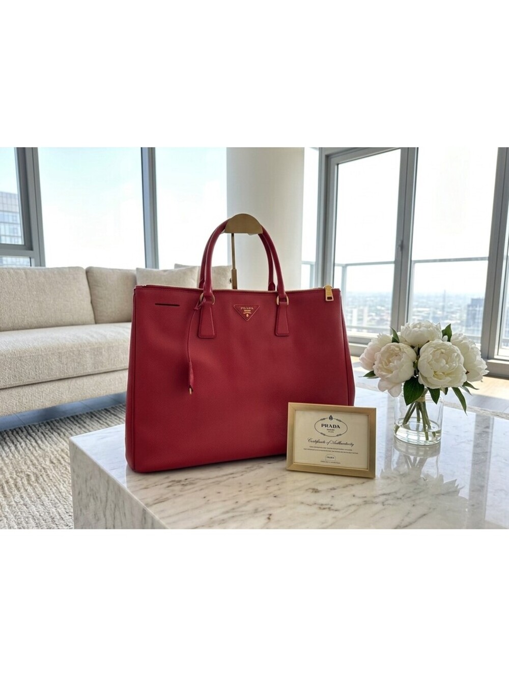 Authentic PRADA Galleria Saffiano Leather Double Zip Tote Bag Red Gold + COA
